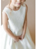 Ivory Lace Satin Open V Back Flower Girl Dress With Sweep Train